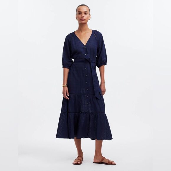Madewell NWT Tie-Waist Tiered Midi Dress Size 0 in Windowpane Navy - Picture 1 of 12